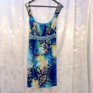 Bisou Bisou dress Michele Bohbot Aqua abstract beaded waist midi dress Size 20 W